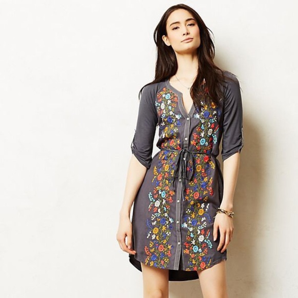 Anthropologie Tiny Floral Embroidered Shirtdress